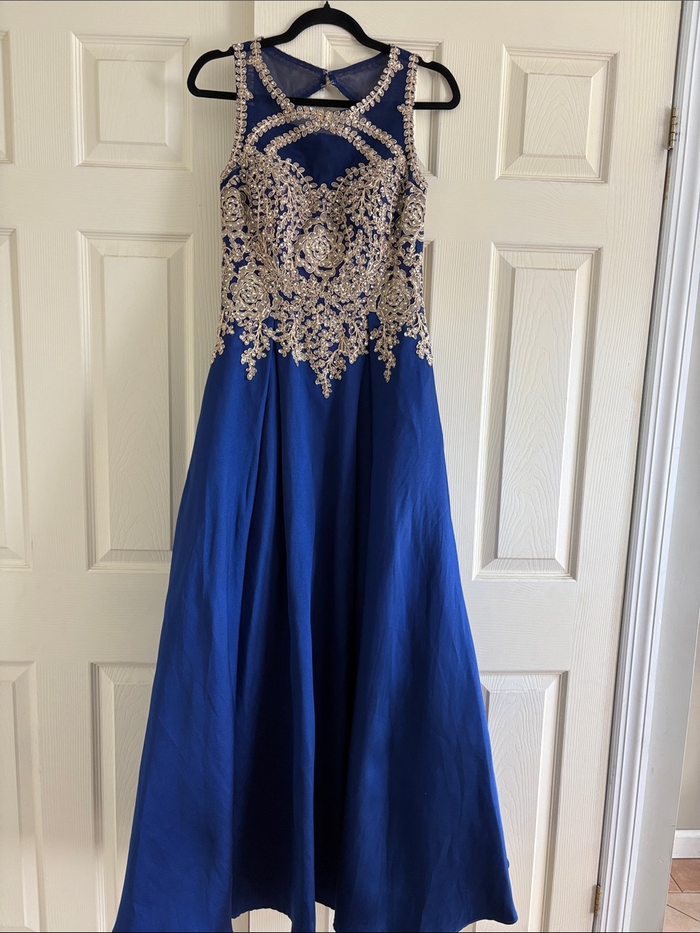 Xscape Royal Blue Evening Gown with Gold Embellished Bodice